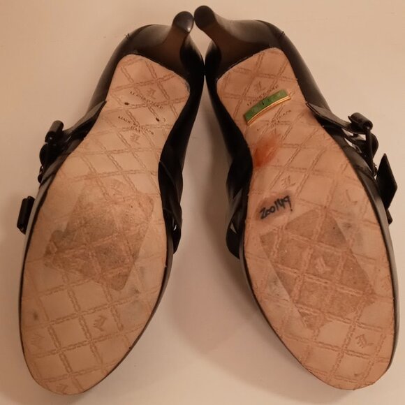 L.A.M.B. Black Leather Platform X Strap 5inch Stiletto heel size 8 - Picture 6 of 11